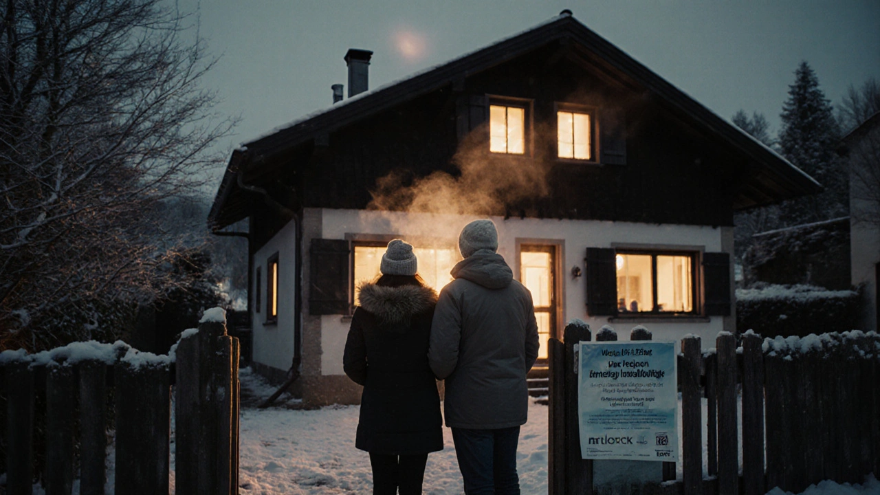 Familie vor ihrem gedämmten Haus bei Abendlicht mit Subventionsflyer am Tor.