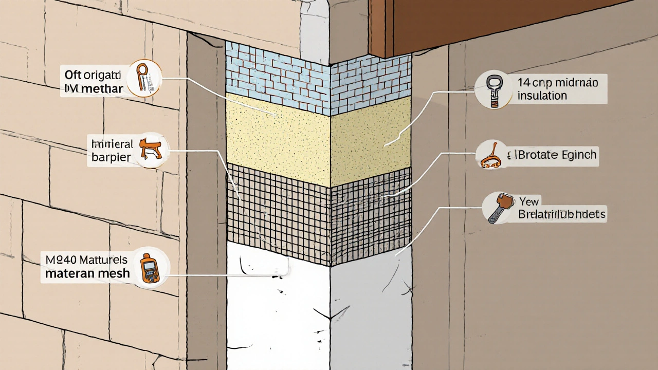 Querschnitt einer Fassadendämmung mit Materialschichten und Kostenangaben.