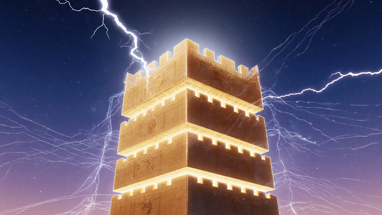 Sichere Blockchain‑Türme mit sechs leuchtenden Bestätigungen und Lightning‑Network‑Kanälen.