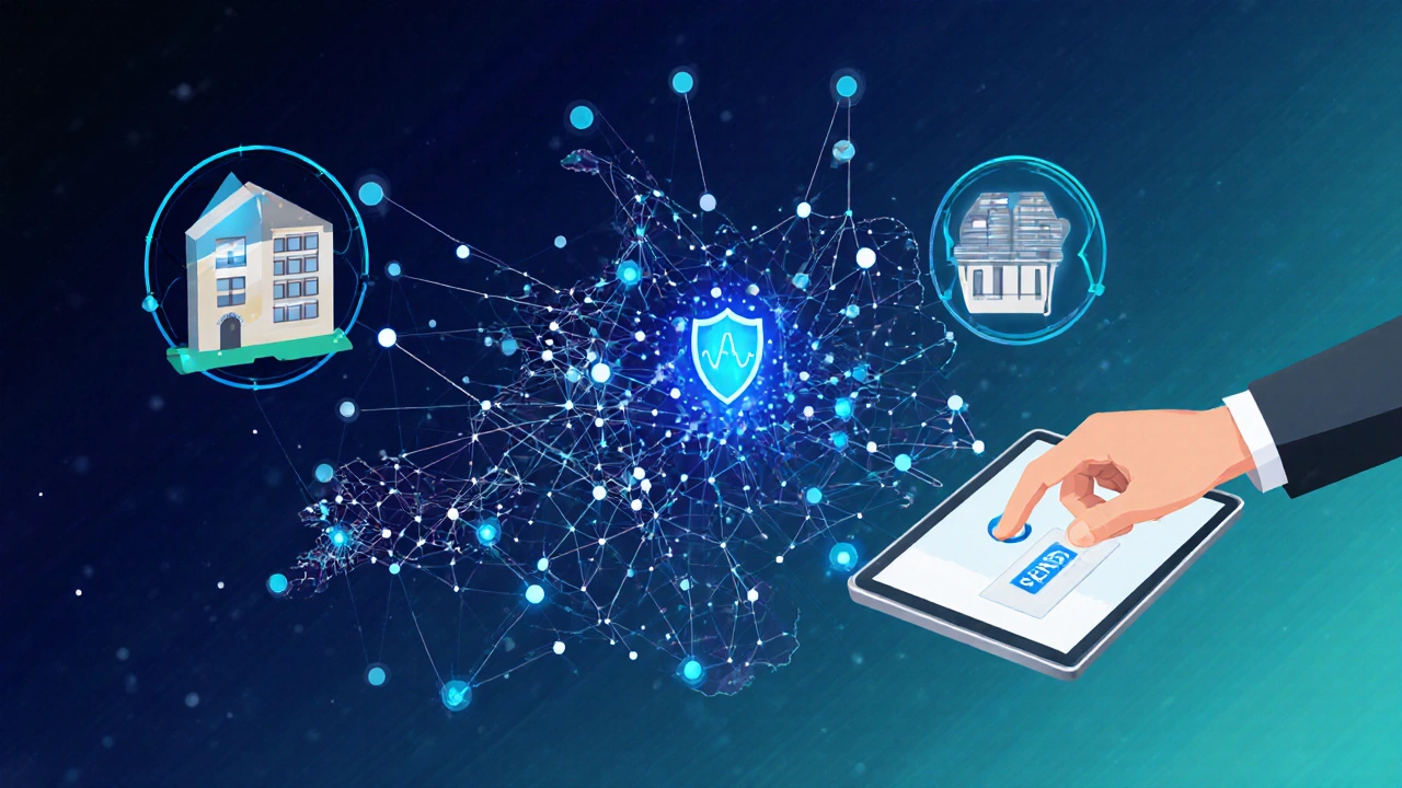 Abstrakte Darstellung eines KI-Netzwerks, das Immobiliendaten in Deutschland und Österreich verbindet – mit menschlichem Eingriff und Rechtsschutz.