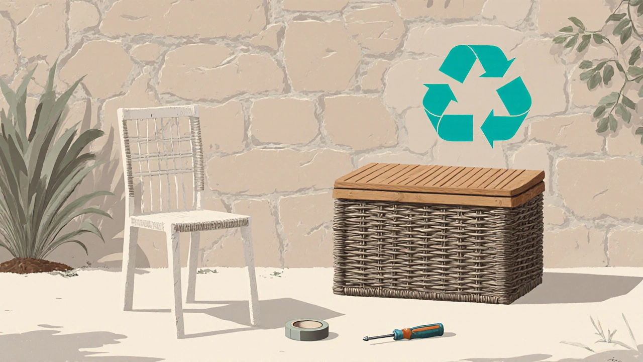 Altes Polyrattan-Set wird zu Garten-Aufbewahrungsbox umfunktioniert, mit Recycling-Elementen.