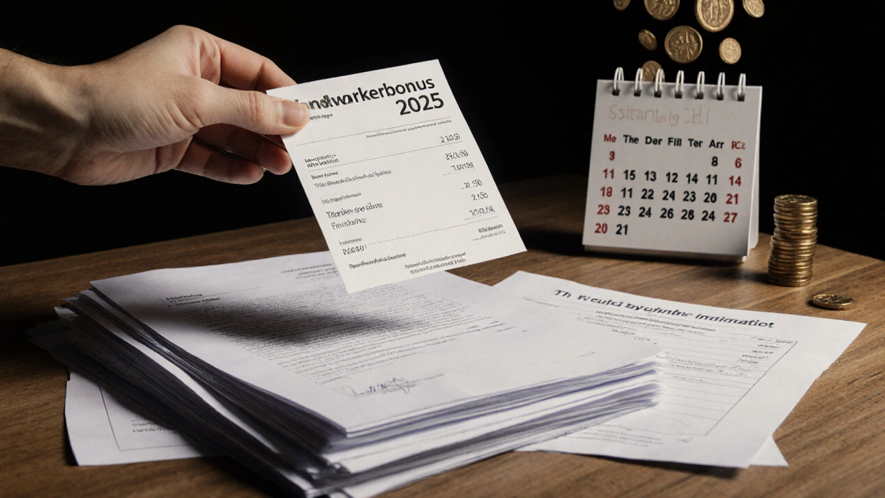 Banküberweisungsbeleg für Handwerkerbonus mit zugehörigen Rechnungen und Bestätigungen auf einem Tisch.