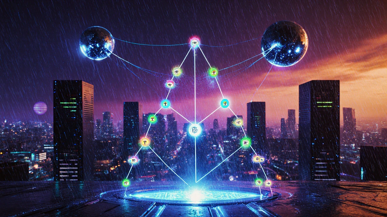 Cyberpunk‑Netzwerk mit holografischem Merkle‑Patricia‑Trie, das Transaktionen verifiziert.