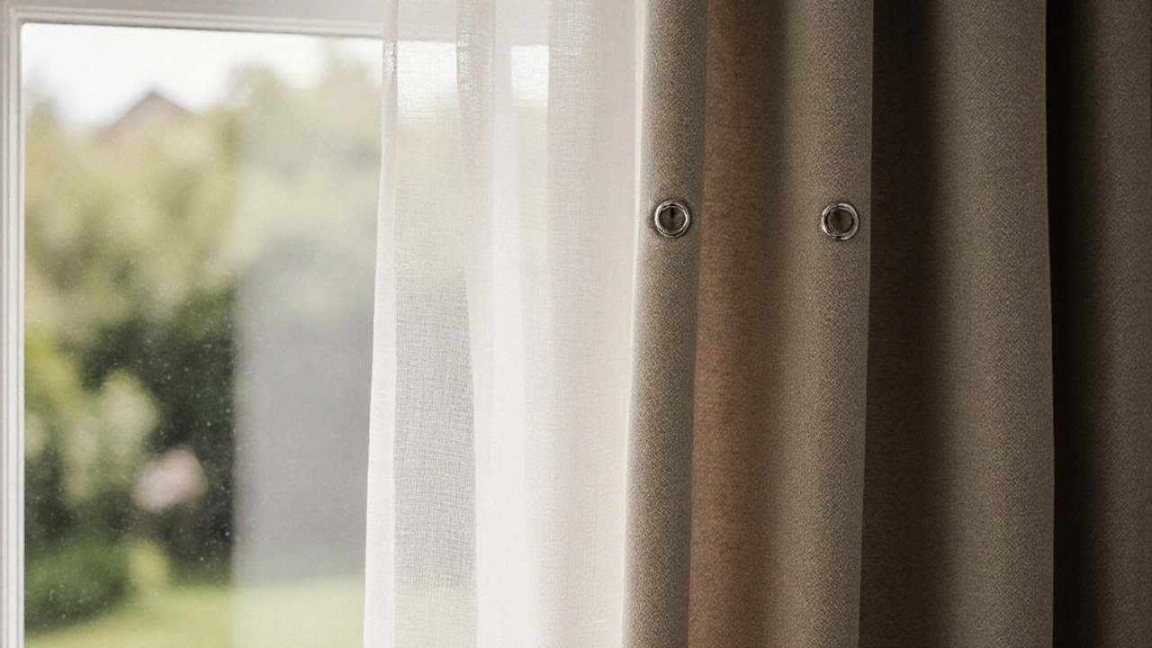 Detailaufnahme einer korrekt montierten Vorhangstange mit dicken Stoffbahnen und Metallösen, leichte Gardine daneben.