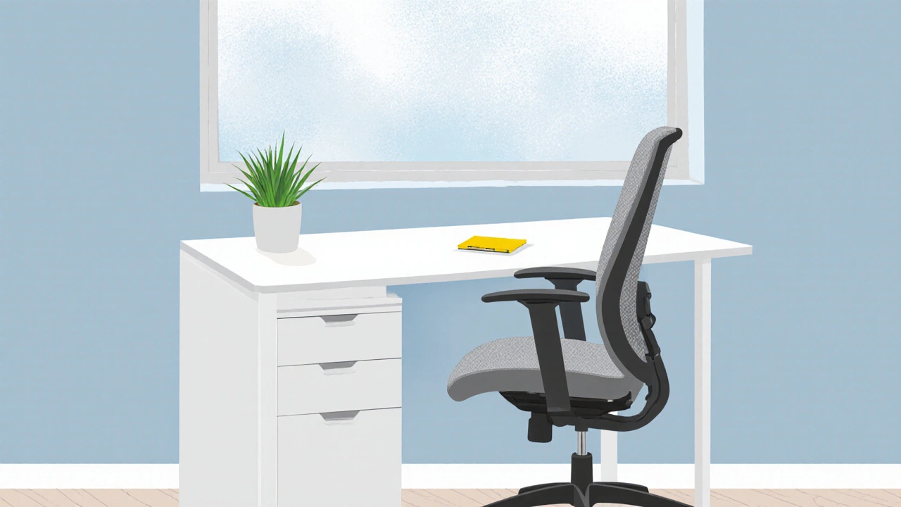 Ein einladendes Büro mit weißem Schreibtisch, grauem Stuhl, blauer Wand und gelben Akzenten.