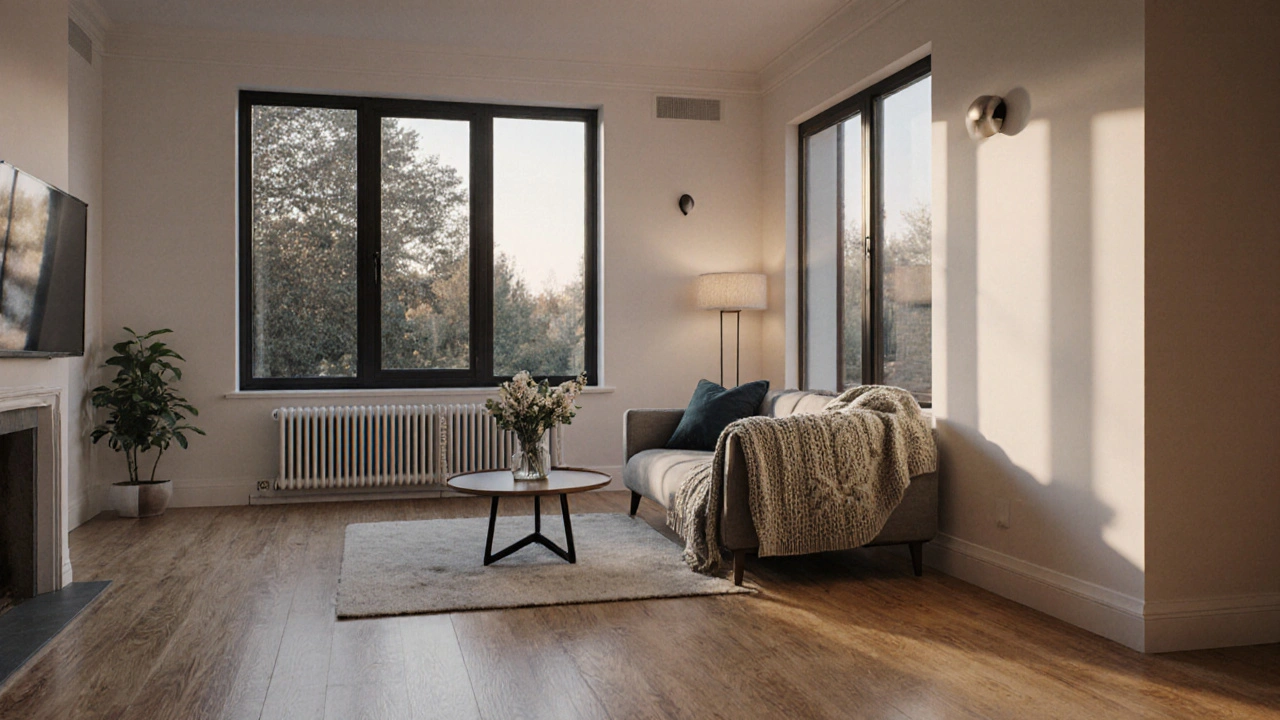 Fertig renoviertes Wohnzimmer, große Fenster, helles Holz, gemütliche Einrichtung.
