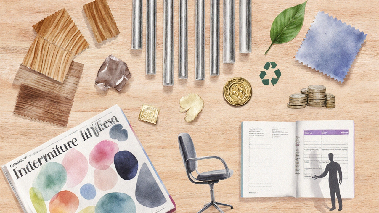 Flachliegende Darstellung von Materialproben, Qualitätsstempel, Designmagazin, Blatt, Münzen und ergonomischer Figur.