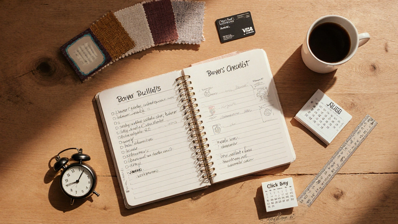 Flat‑Lay einer Checkliste, Kalendermarkierungen und Zubehör für Möbelkaufplanung.