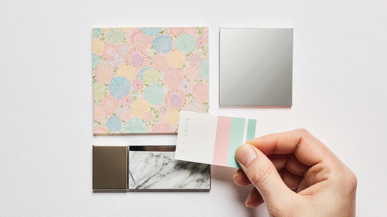 Flat‑Lay‑Moodboard mit Tapeten‑Muster, Spiegel, Marmor, Metallstreifen und 3‑D‑Panel; Hand legt Farbprobe.