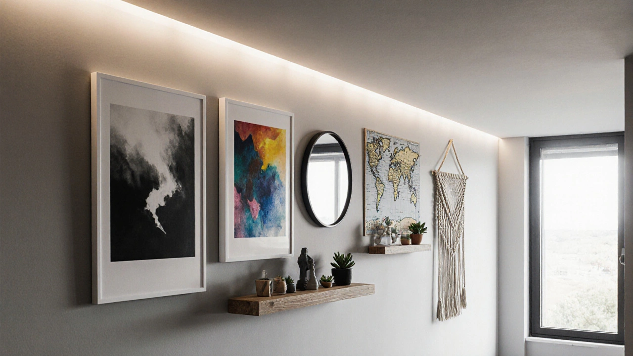 Galeriewand mit gemischten Bildern, Regalen, Makramee‑Hänger.