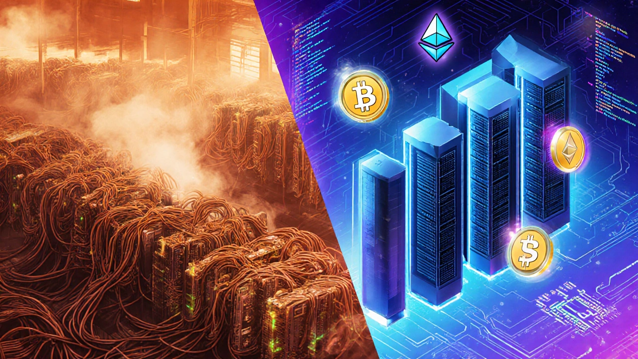 Geteilte Szene: links Mining‑Rigs, rechts Staking‑Validatoren, mit Symbolen für PoW und PoS.