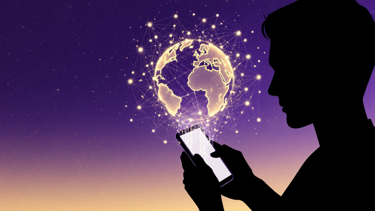Hand hält ein Smartphone, aus dem ein Netzwerk aus leuchtenden Knoten in die Luft aufsteigt.