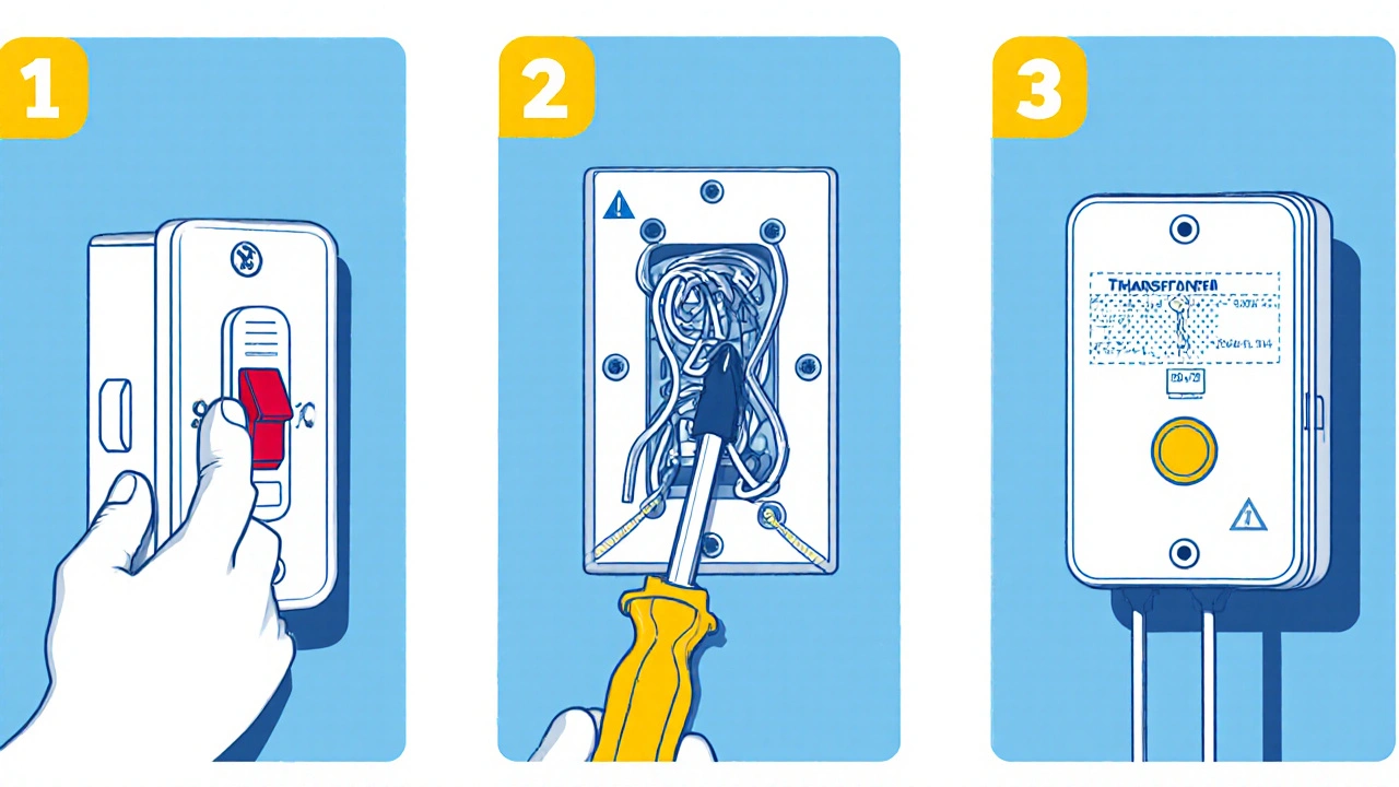 Hand installiert verkabelte Videotürklingel: Strom abschalten, alte Klingel entfernen, Drähte anschließen.