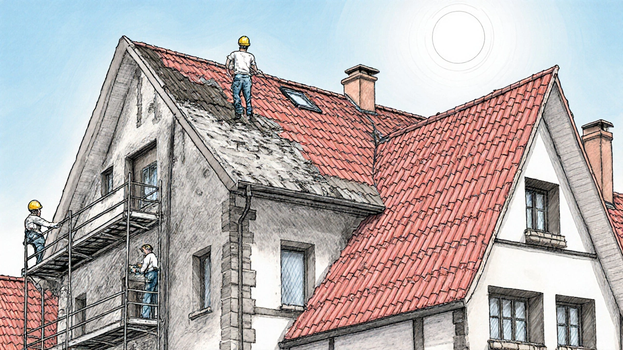 Handwerker erneuern Dach und Fassade, Gerüste, neue Dachziegel im Sonnenlicht.