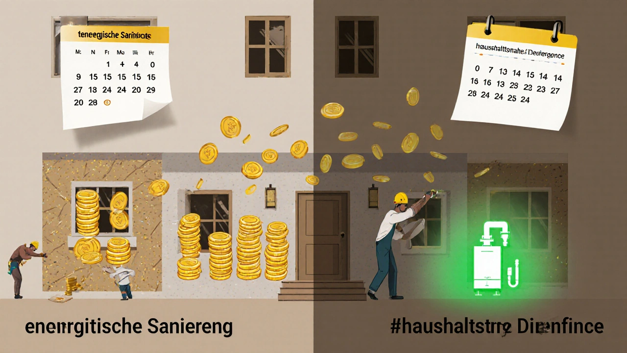 Haus mit Sanierungsarbeiten: linke Seite energetische Maßnahmen mit Material und Arbeit, rechte Seite haushaltsnahe Dienstleistungen mit nur Arbeitskosten.