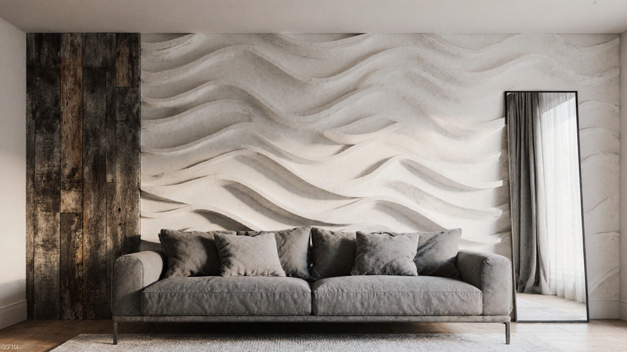 Illustration eines Wohnzimmers mit 3‑D‑Wandpaneelen hinter dem Sofa, Holzstreifen und spiegelnder Wand.