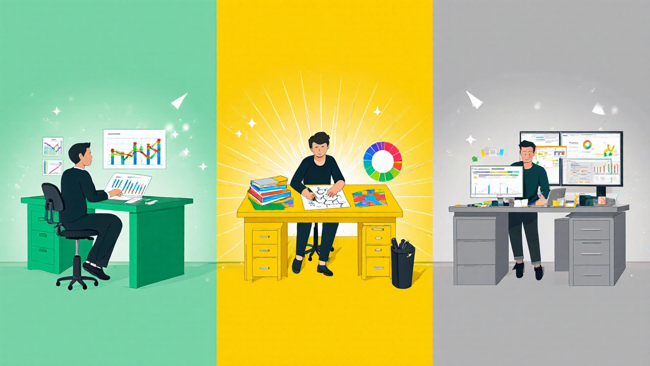 Illustration zeigt drei Arbeitsbereiche: grüner Schreibtisch für Analyse, gelber für Kreativität, grauer für Multitasking.