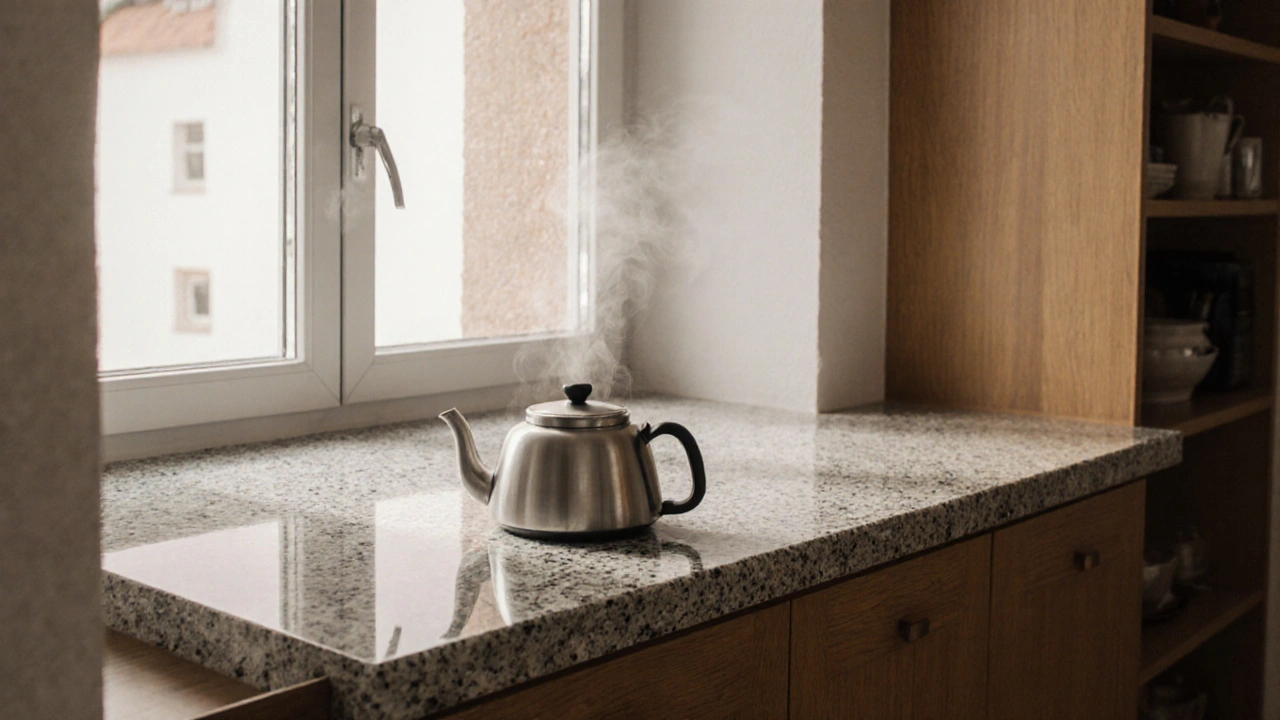 Innenfensterbank aus Kunststein in einer modernen Küche mit Sonnenlicht.