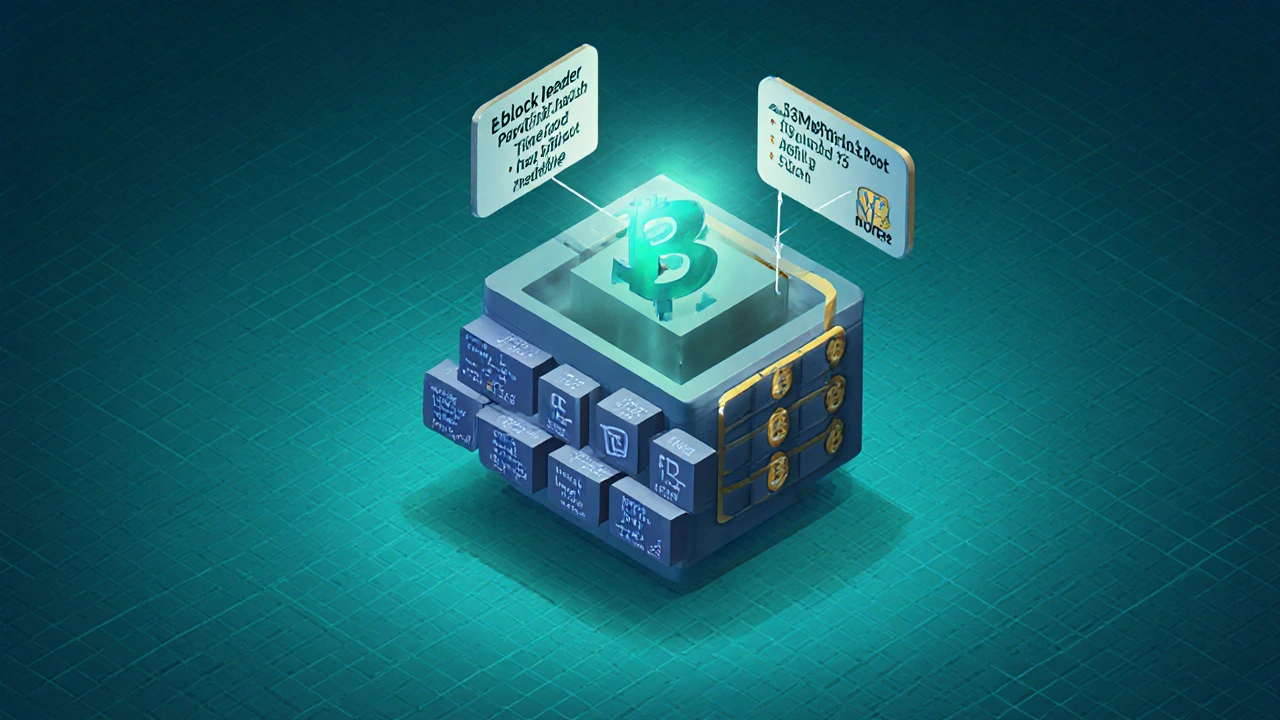 Isometrische Ansicht eines Bitcoin‑Blocks mit hervorgehobenem Merkle‑Root und Hash‑Pfad.