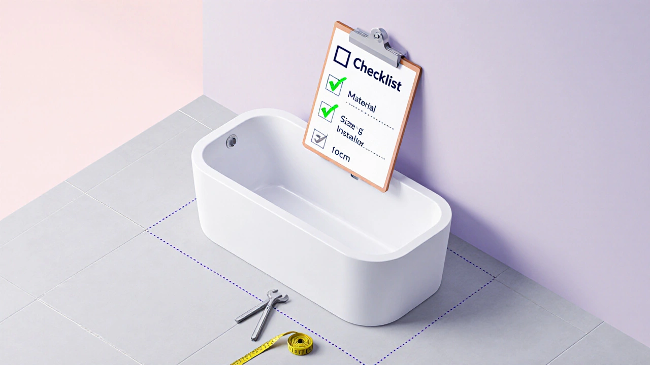 Isometrische Darstellung eines kleinen Badezimmers mit freistehender Badewanne und Abstand‑Checkliste.