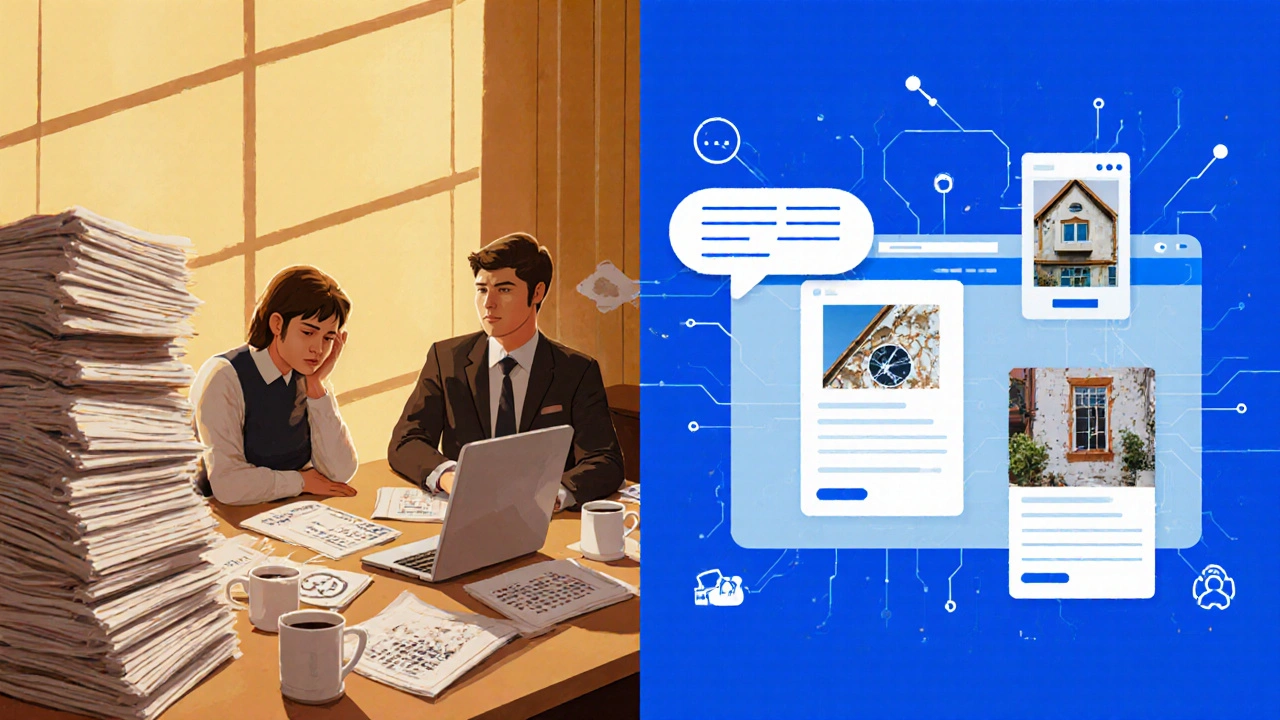 Kontrast zwischen überlastetem Makler mit Papierakten und einem digitalen KI-System, das Immobilienmerkmale erkennt.