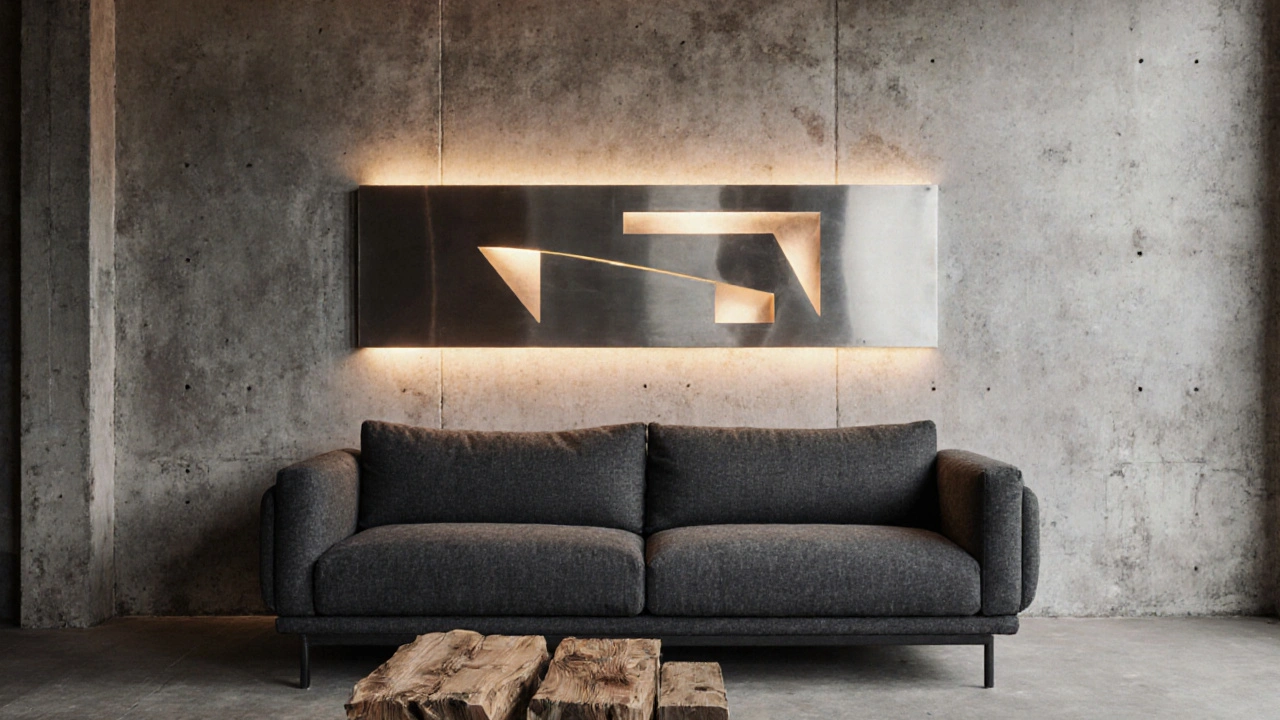 Metallskulptur über Sofa mit LED‑Licht, industrieller Chic.