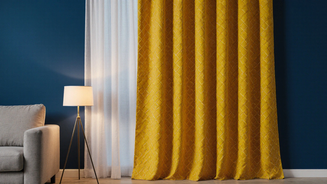 Mustardgelber Vorhang als Akzent an blauer Wand, moderne Einrichtung, klare Linien, nur eine Farbkontrastfläche.
