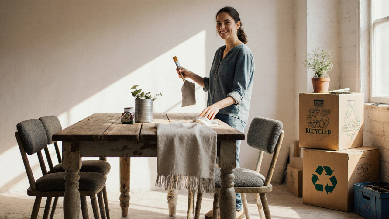 Nachhaltige Möbel-Upscaling‑Szene: Person bemalt einen Holztisch, umgeben von Vintage‑Stühlen und Recycling‑Symbolen.