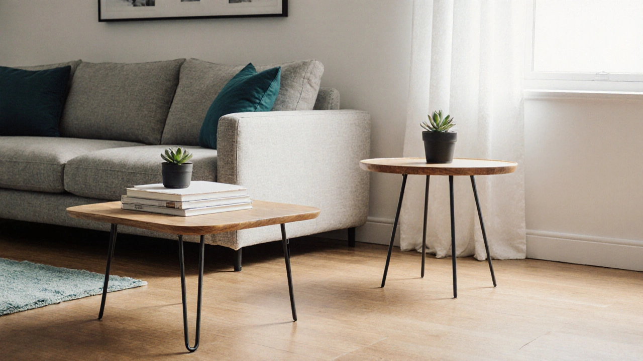 Niedriger Holztisch als Dekorationsobjekt neben einem höhenverstellbaren Couchtisch in skandinavischem Design.