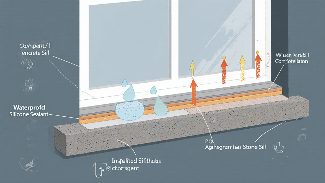 Schnittansicht einer energieeffizienten Fensterbank mit Wärmebrückenreduktion.