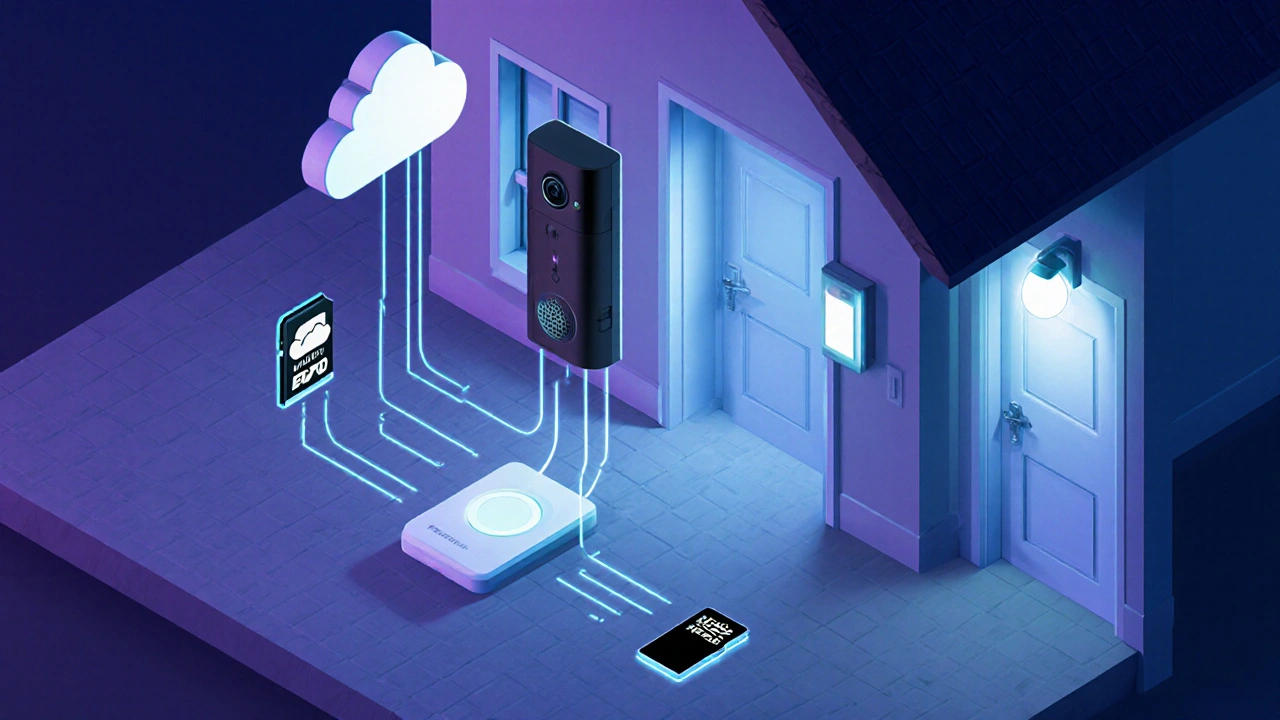 Smart‑Home‑Übersicht: Video‑Türklingel verbindet sich mit Router, Hub und Beleuchtung, zeigt lokale und Cloud‑Speicherung.