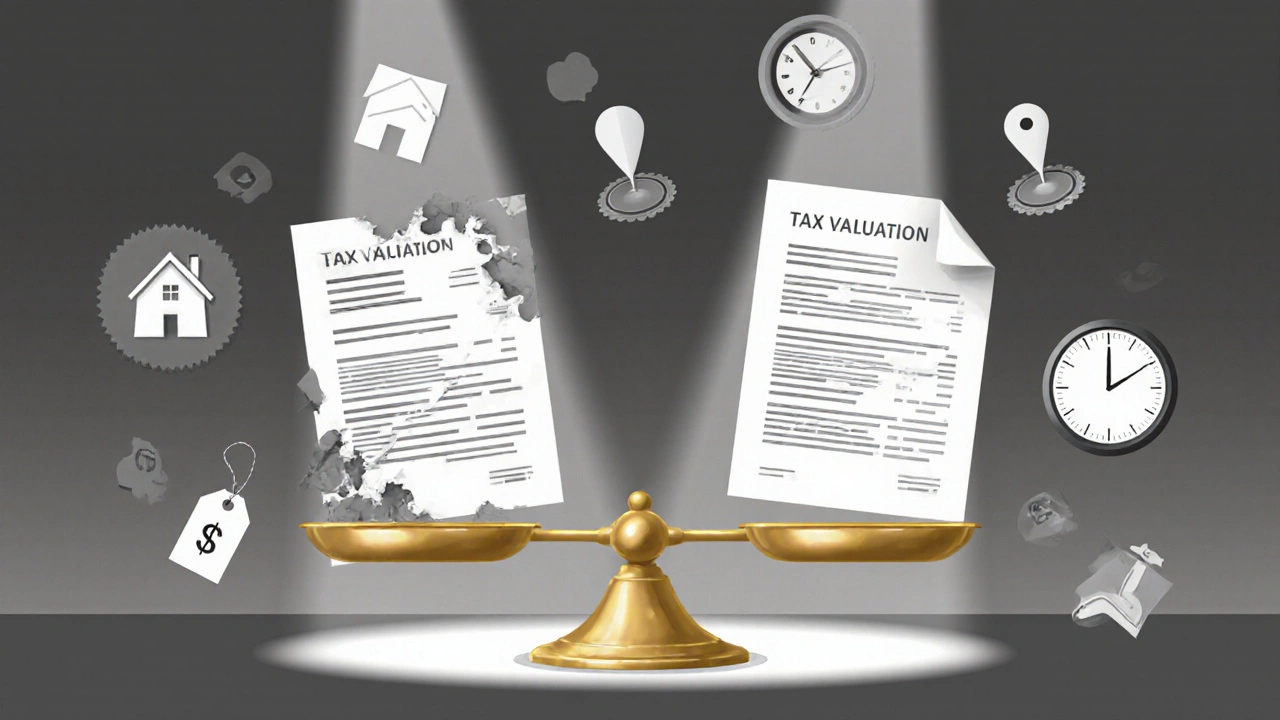 Waage mit offizieller Steuerbewertung gegen ein qualifiziertes Gutachten, umgeben von symbolischen Elementen.