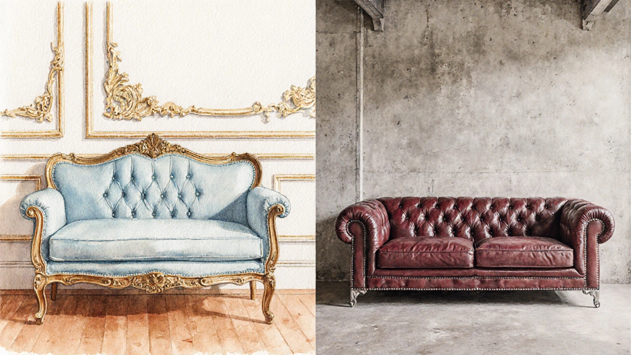 Wasserfarben‑Illustration: links ein französisches Sofa, rechts ein italienisch‑arabisches Sofa mit unterschiedlichen Stilen.