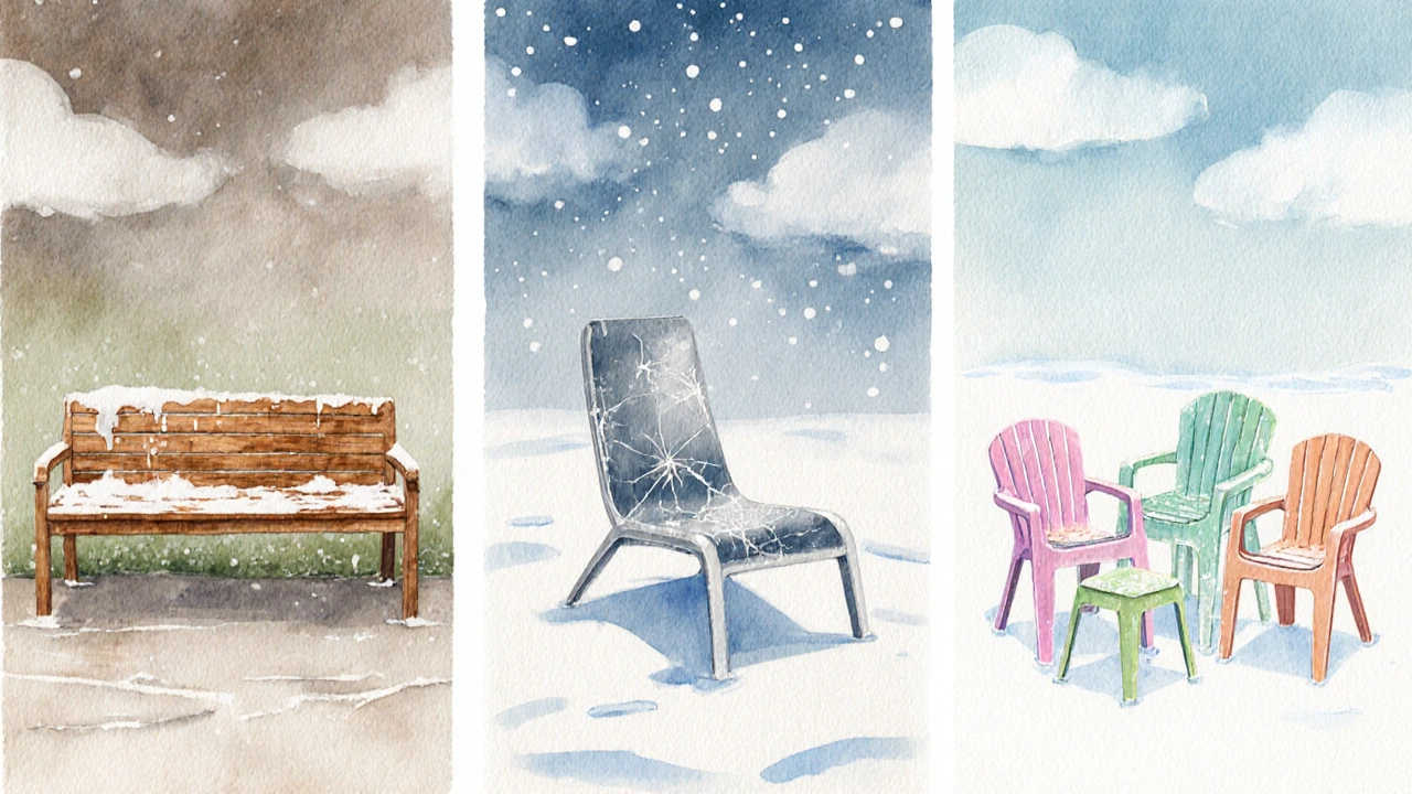 Wassermalerei von Holzbank, Aluminiumlounge und buntem Plastikstuhlsatz im Winter.