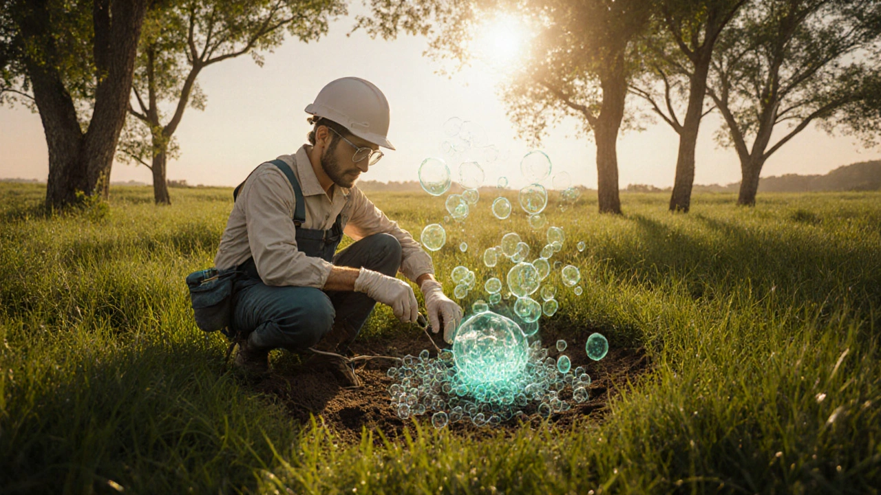 Wissenschaftler messen Bodenwerte, während Mikroben Öl im Erdreich abbauen.