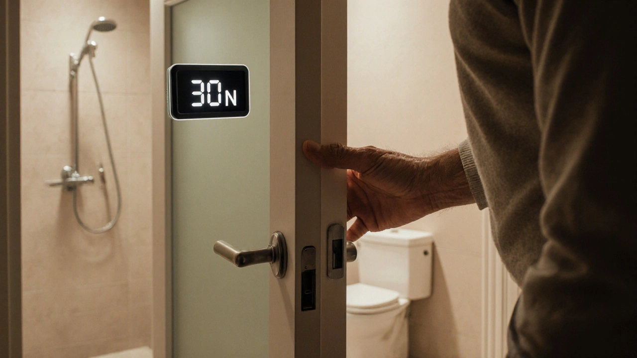 Ältere Person öffnet eine Tür mit nur 30 N Kraft, dahinter barrierefreies Bad mit freiem Bewegungsraum.