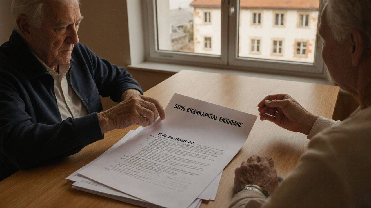 Älteres Paar prüft Hypothekenpapier mit KfW-Antrag für Altbau-Sanierung