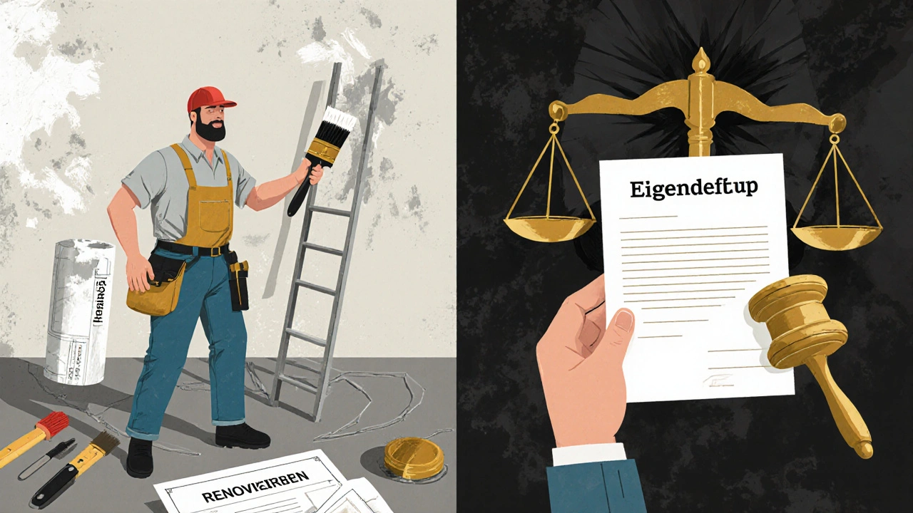 Aufteilung: Renovierungswerkzeuge neben rechtlichem Dokument mit Waage, Symbol für Grenzen des Eigenbedarfs.