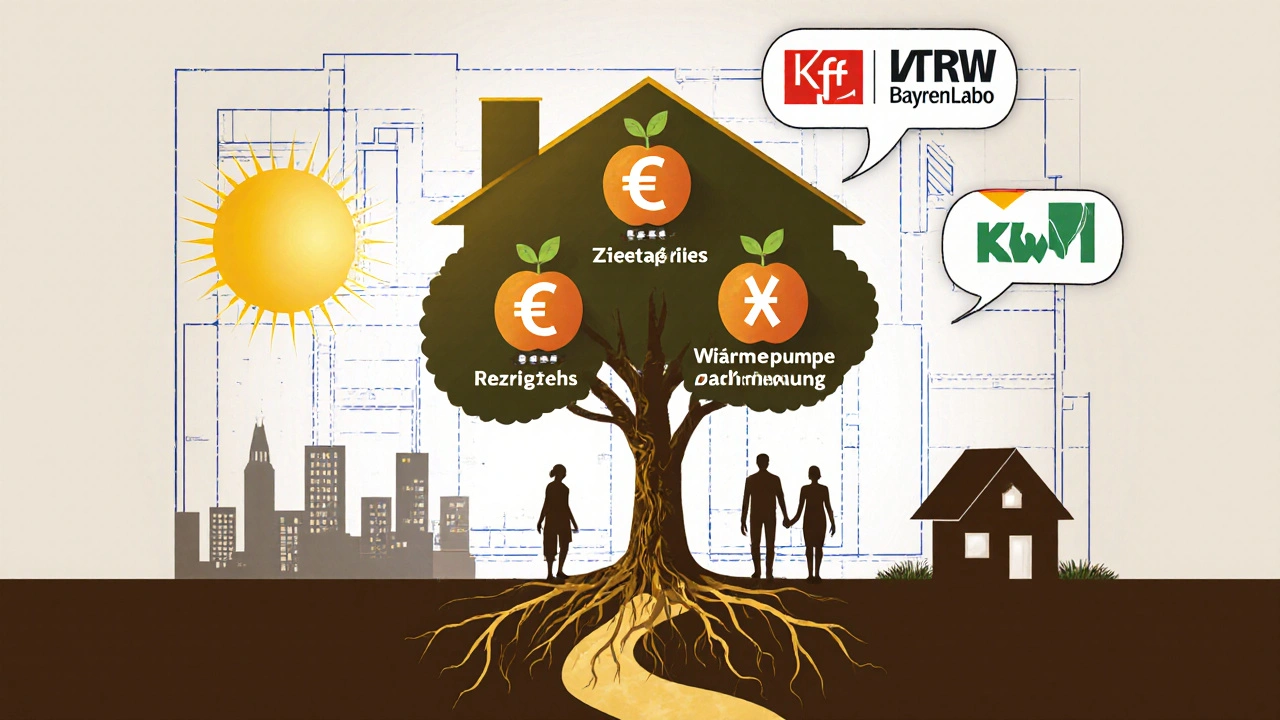 Bauplan mit wachsendem Baum, der staatliche Förderungen als Früchte trägt
