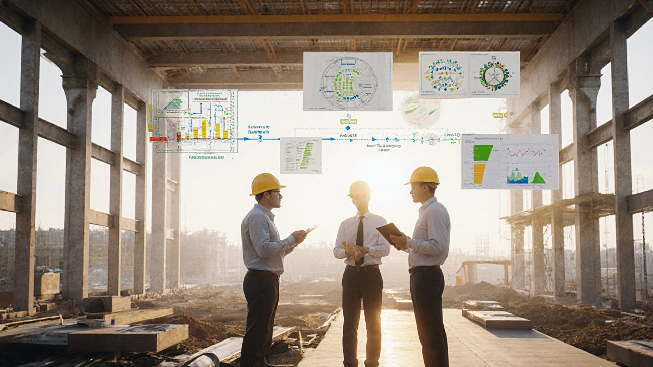 Baustelle mit Architekten und DGNB-Auditor, die digitale Pläne für nachhaltiges Bauen besprechen.