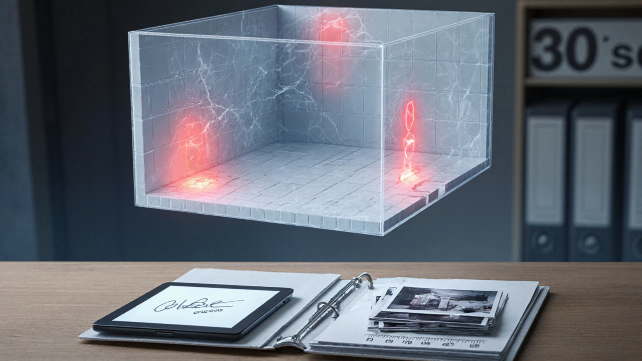 Digitaler 3D-Modellansicht einer Wohnung mit markierten Schäden über einem archivierten Dokumentenstapel.