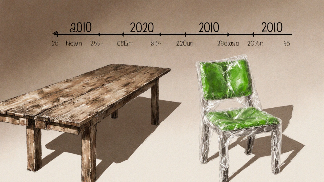 Ein altmodischer Eichenholztisch neben einem abgenutzten Trendstuhl — der Tisch bleibt stark und schön, der Stuhl verwest und zerfällt.