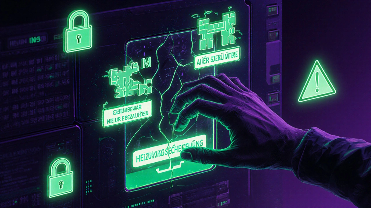 Ein Hacker greift digital auf ein Gebäude-Management-System zu und entwendet sensible Daten wie Mieterinformationen und Heizungssteuerung.