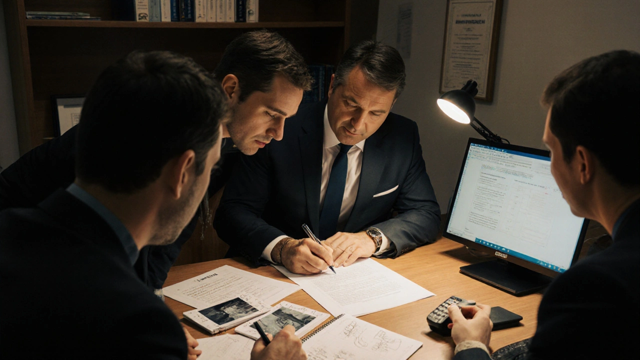 Ein Notar unterschreibt ein Mängelprotokoll mit Mieter und Vermieter, umgeben von Fotos und Messdaten.