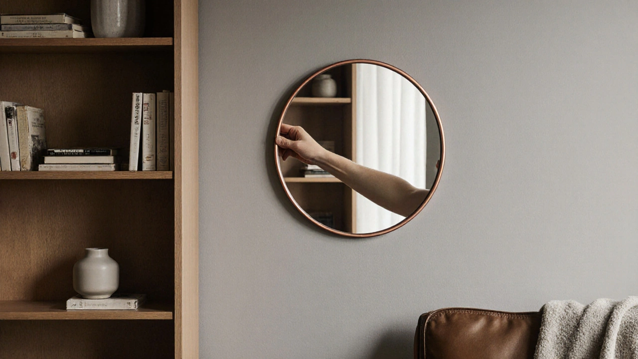 Eine Hand legt einen kupfernen Spiegel an eine graue Wand, während um ihn herum zeitlose Möbel und persönliche Gegenstände in sanftem Licht erscheinen.