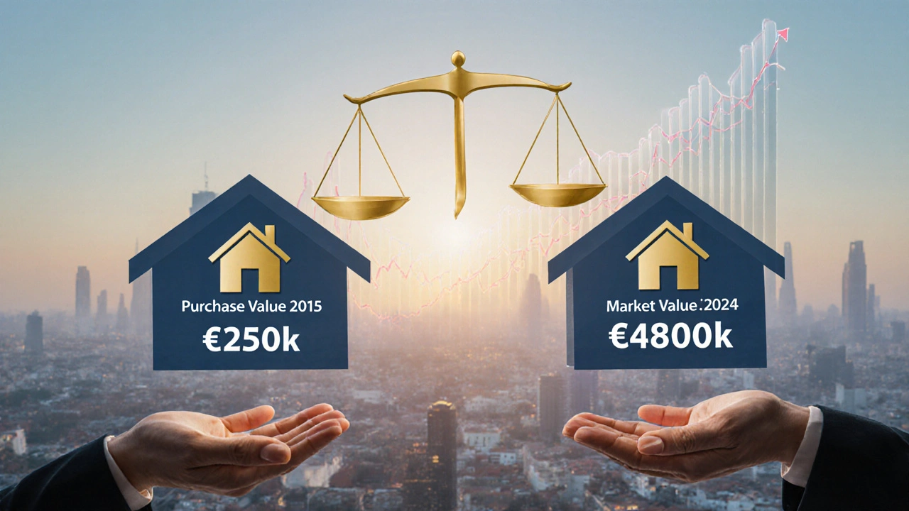 Eine Immobilie wird anhand von Kauf- und Marktwert in zwei Hälften geteilt, symbolisch dargestellt.