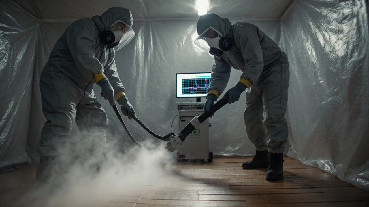 Fachleute in Schutzanzügen behandeln mit Heißluft belastetes Holz, Dampf steigt auf, Monitore zeigen Luftdaten, sterile Raumumgebung.