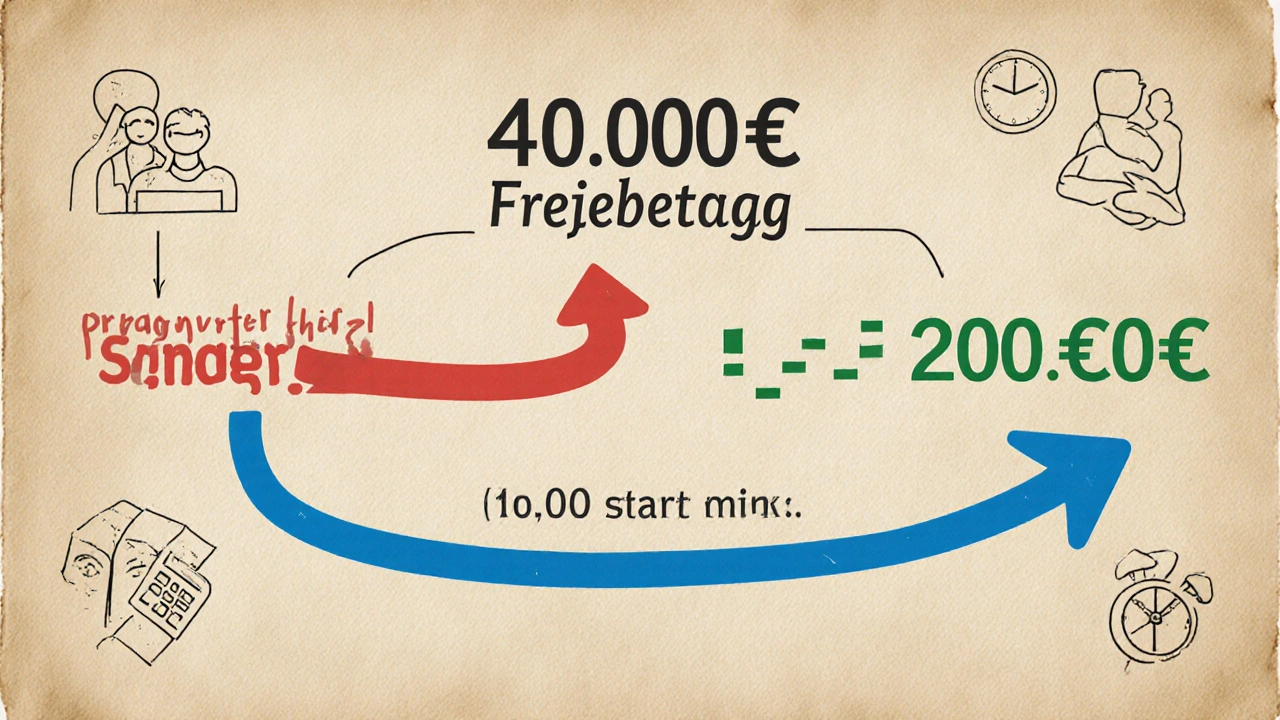 Familienbaum mit farbigen Pfeilen für Schenkungsfreibeträge und 10-Jahres-Zyklen, minimalistischer Stil.