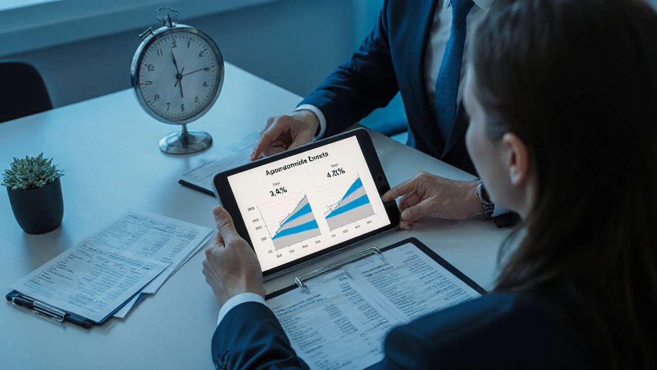 Finanzberater zeigt Kreditvergleich auf Tablet, Kunde reicht drei Steuerbescheide ein