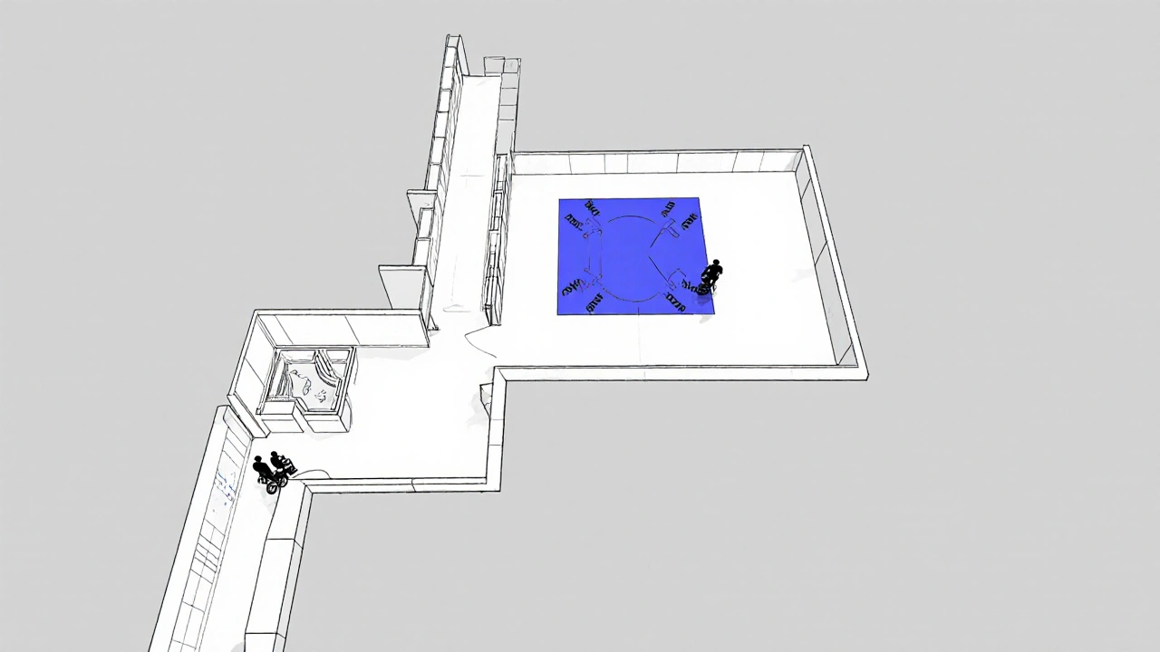 Flur mit 150 cm Breite und drehbarem Raum, zwei Rollstühle nähern sich aus entgegengesetzter Richtung.